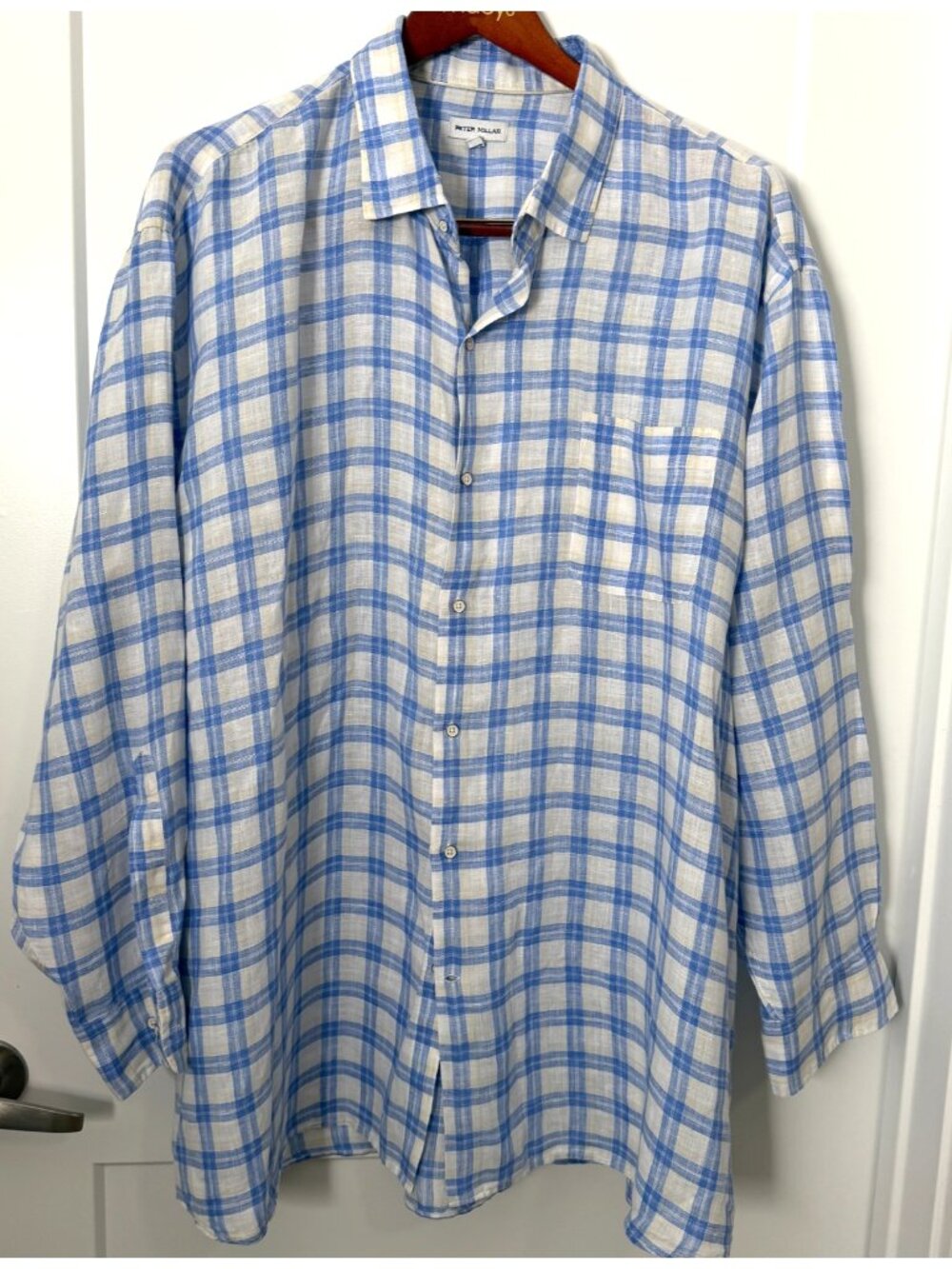 Peter Millar Men’s Sz 3X Plaid Linen Button-Down Long Sleeve Shirt White Blue
